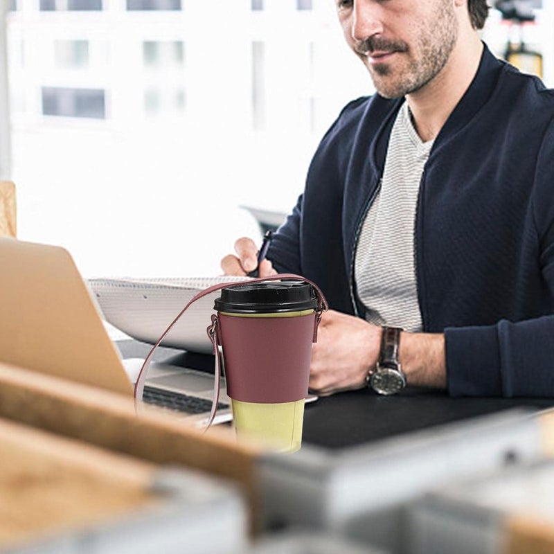 ويوبلز أكمام أكواب القهوة، أكمام أكواب قهوة قابلة لإعادة الاستخدام مصنوعة من جلد البولي يوريثان مع حزام كتف، غطاء كوب مشروبات جلدي، حامل أكواب محمول، حامل مشروبات أنيق معزول، شاي ساخن، أحمر بنفسجي - Image 2